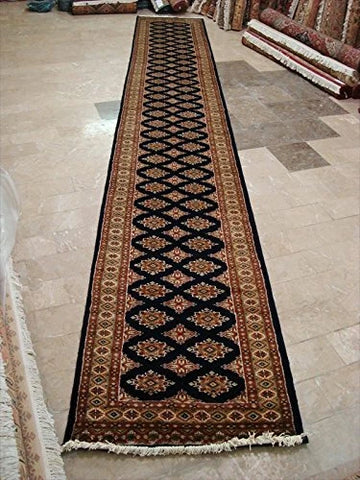 Exclusive Navy Blue Jaldar Hand Knotted Wool Silk Carpet Runner Rug (16.6 x 2.6)'