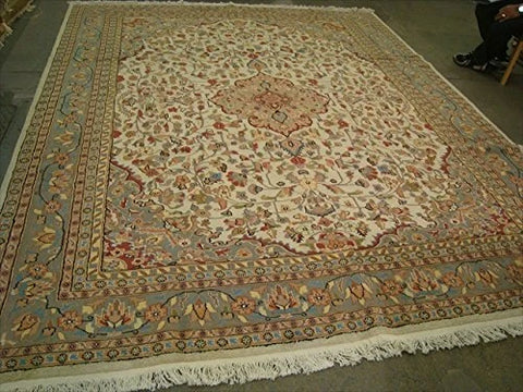 AHMEDANI Ivory Pestal Flower All Over Kashan Beautiful Area Rug Hand Knotted Wool Silk Carpet (12.1 x 9.2)'