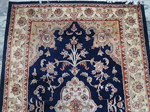 AHMEDANI Mid Night Blue Ivory Touch Flowers Rectangle Area Rug Hand Knotted Wool Silk Carpet (6 X 4)'