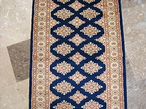 Exclusive Navy Blue Jaldar Hand Knotted Wool Silk Carpet Runner Rug (16.6 x 2.6)'