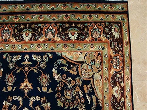 Exclusive Navy Blue & Olive Medallion Area Rug Hand Knotted Silk Wool Carpet (9 X 5)'