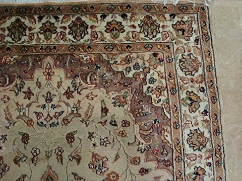 Beige Tan Floral Exclusive Rectangle Area Rug Hand Knotted Wool Silk Carpet (9.8 x 5.1)'