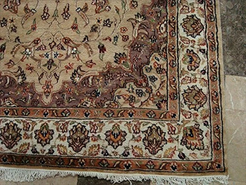 Beige Tan Floral Exclusive Rectangle Area Rug Hand Knotted Wool Silk Carpet (9.8 x 5.1)'