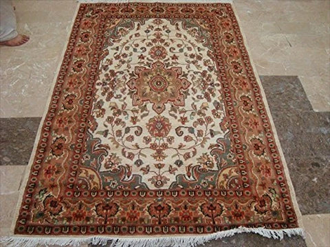 Ivory Medallion Floral Area Rug Hand Knotted Wool Silk Indoor Home Decor Carpet (6 x 4)'
