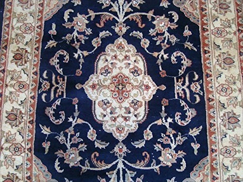 AHMEDANI Mid Night Blue Ivory Touch Flowers Rectangle Area Rug Hand Knotted Wool Silk Carpet (6 X 4)'