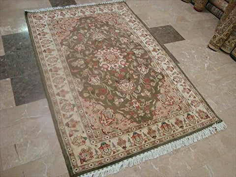 Exclusive Medallion Floral Green Hand Knotted Rectangle Area Rug (4 x 6)'