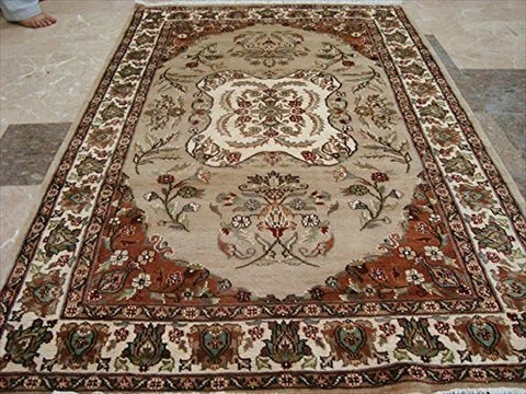 Awesome Ivory Medallion Flowers Rectangle Area Rug Hand Knotted Wool Silk Carpet (6 x 4)'