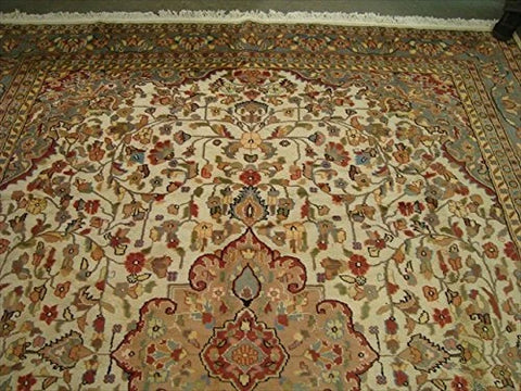 AHMEDANI Ivory Pestal Flower All Over Kashan Beautiful Area Rug Hand Knotted Wool Silk Carpet (12.1 x 9.2)'