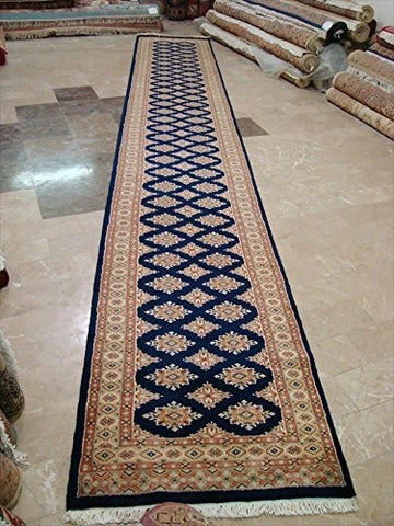 Exclusive Navy Blue Jaldar Hand Knotted Wool Silk Carpet Runner Rug (16.6 x 2.6)'