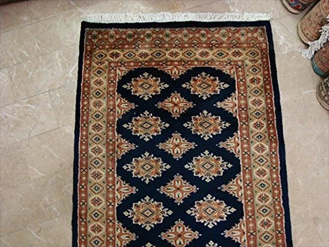 Exclusive Navy Blue Jaldar Hand Knotted Wool Silk Carpet Runner Rug (16.6 x 2.6)'