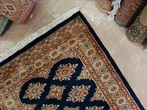 Exclusive Navy Blue Jaldar Hand Knotted Wool Silk Carpet Runner Rug (16.6 x 2.6)'