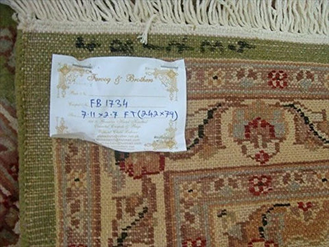 Exclusive Green Floral Kashan Soft Hand Knotted Hall Way Runner Rug (7.11 x 2.7)'