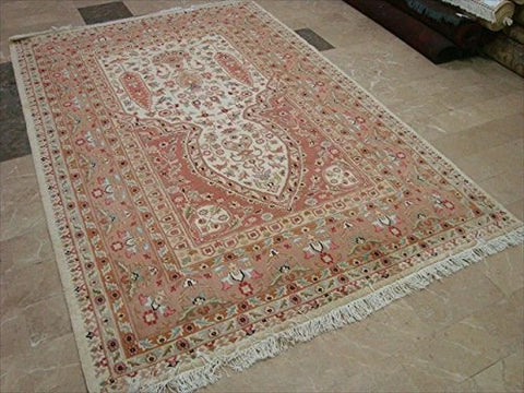 Jhoomar Mehrab Floral Vase Guldasta Hand Knotted Area Rug Wool Silk Carpet (8 x 5)'