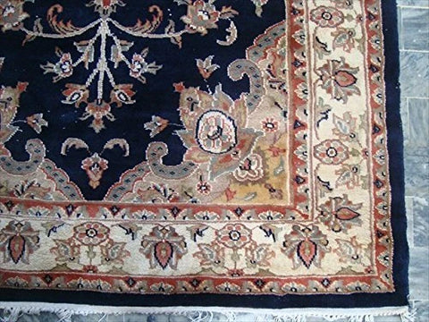 AHMEDANI Mid Night Blue Ivory Touch Flowers Rectangle Area Rug Hand Knotted Wool Silk Carpet (6 X 4)'