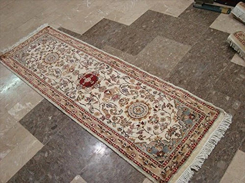 Love Ivory Floral Medallion Hand Knotted Runner Rug Wool Silk Carpet (6 x 2)'