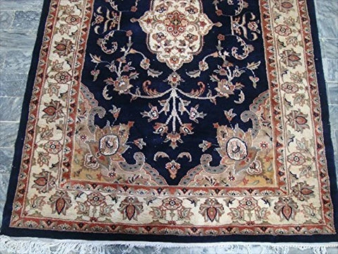 AHMEDANI Mid Night Blue Ivory Touch Flowers Rectangle Area Rug Hand Knotted Wool Silk Carpet (6 X 4)'