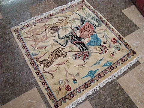 Hunting King Lion Deer Tiger Horse Hand Knotted Wool Silk Square Rug Indoor Carpet (3 x 3)'