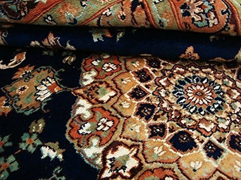 Exclusive Navy Blue & Olive Medallion Area Rug Hand Knotted Silk Wool Carpet (9 X 5)'