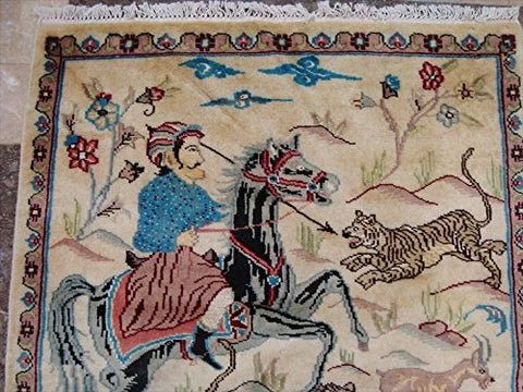 Hunting King Lion Deer Tiger Horse Hand Knotted Wool Silk Square Rug Indoor Carpet (3 x 3)'