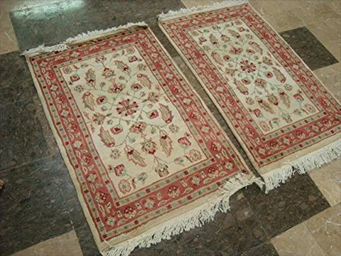 AHMEDANI Excellent Ivory Flowers Medallion Hand Knotted Rug Wool Silk Carpet Pair (3 X 2)'