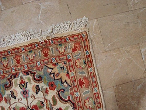 Gorgeous Ivory Flower Medallion Rectangle Wool Silk Rug Hand Knotted Carpet Pair (3.3 x 2.1)'
