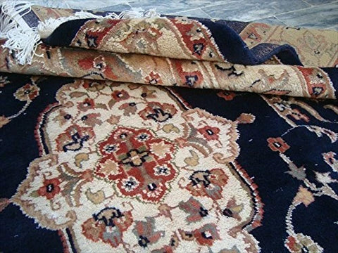 AHMEDANI Mid Night Blue Ivory Touch Flowers Rectangle Area Rug Hand Knotted Wool Silk Carpet (6 X 4)'