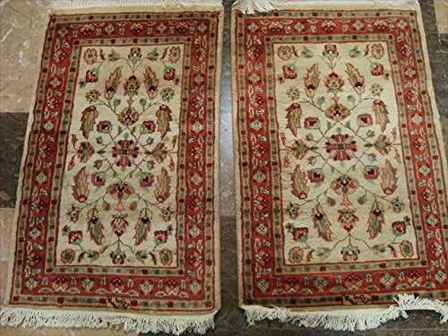 AHMEDANI Excellent Ivory Flowers Medallion Hand Knotted Rug Wool Silk Carpet Pair (3 X 2)'