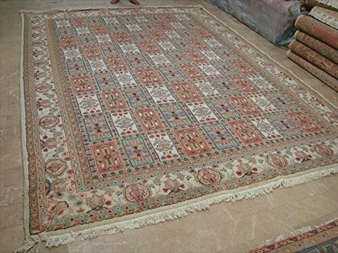 Bakhtiari Floral Blocks Rectangle Area Rug Hand Knotted Wool Silk Carpet (12.5 x 9.1)'