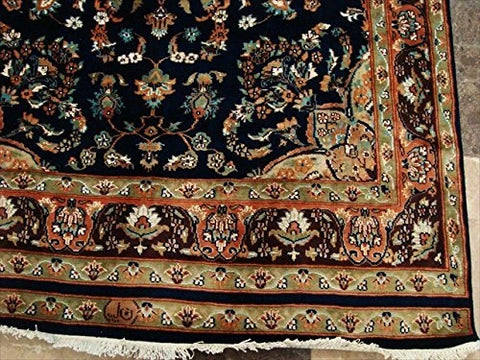 Exclusive Navy Blue & Olive Medallion Area Rug Hand Knotted Silk Wool Carpet (9 X 5)'
