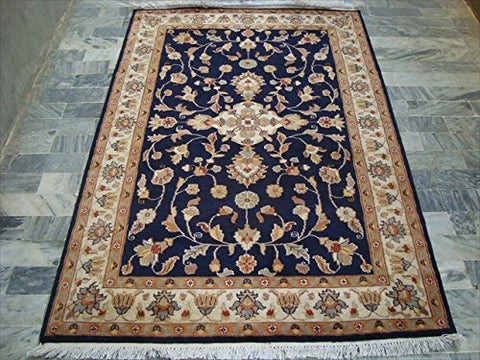 AHMEDANI Mid Night Blue Hot Ivory Touch Medallion Rectangle Area Rug Hand Knotted Wool Silk Carpet (6 X 4)'