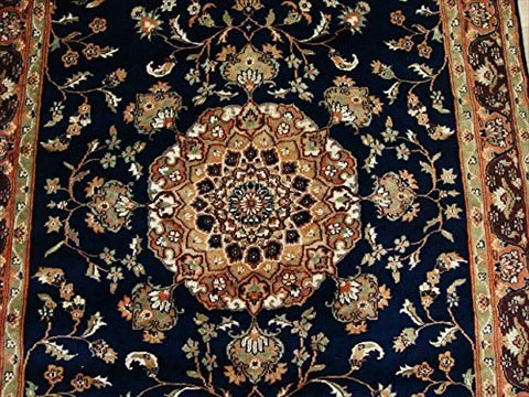 Exclusive Navy Blue & Olive Medallion Area Rug Hand Knotted Silk Wool Carpet (9 X 5)'