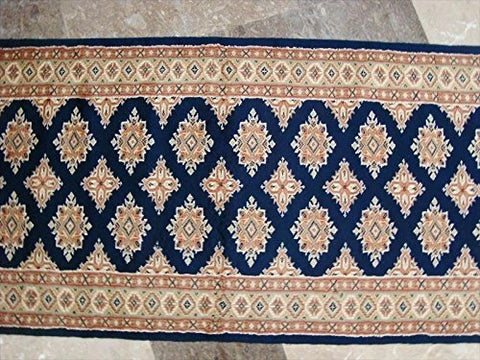 Exclusive Navy Blue Jaldar Hand Knotted Wool Silk Carpet Runner Rug (16.6 x 2.6)'