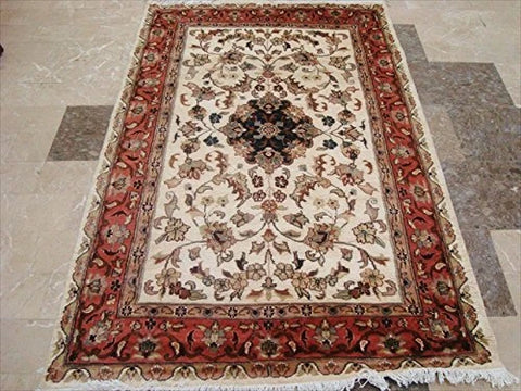 Kash Ivory Medallion Floral Gorgeous Designed Rectangle Area Rug Wool Silk Hand Knotted Carpet (6 x 4)'