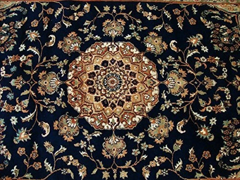 Exclusive Navy Blue & Olive Medallion Area Rug Hand Knotted Silk Wool Carpet (9 X 5)'