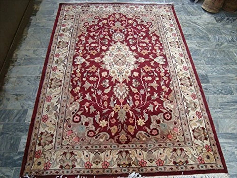 AHMEDANI Shahe-Taj Ruby Red Exclusive Area Rug Hand Knotted Wool Silk Carpet (6 x 4)'
