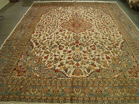 AHMEDANI Ivory Pestal Flower All Over Kashan Beautiful Area Rug Hand Knotted Wool Silk Carpet (12.1 x 9.2)'