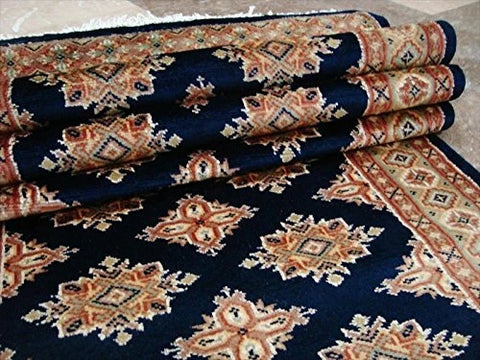 Exclusive Navy Blue Jaldar Hand Knotted Wool Silk Carpet Runner Rug (16.6 x 2.6)'