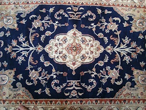 AHMEDANI Mid Night Blue Ivory Touch Flowers Rectangle Area Rug Hand Knotted Wool Silk Carpet (6 X 4)'
