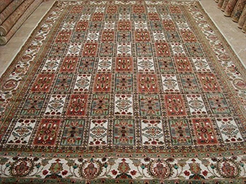 Bakhtiari Floral Blocks Rectangle Area Rug Hand Knotted Wool Silk Carpet (12.5 x 9.1)'