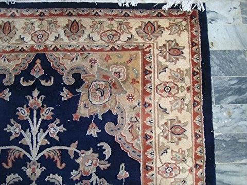 AHMEDANI Mid Night Blue Ivory Touch Flowers Rectangle Area Rug Hand Knotted Wool Silk Carpet (6 X 4)'