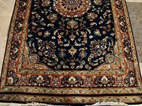 Exclusive Navy Blue & Olive Medallion Area Rug Hand Knotted Silk Wool Carpet (9 X 5)'