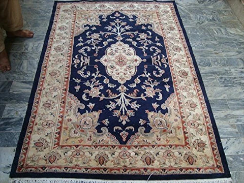 AHMEDANI Mid Night Blue Ivory Touch Flowers Rectangle Area Rug Hand Knotted Wool Silk Carpet (6 X 4)'