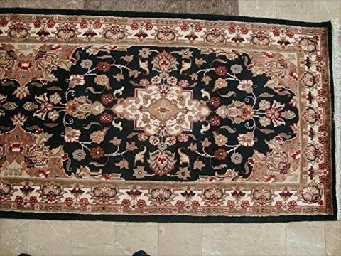 Exclusive Hot Black Floral Kashan Soft Hand Knotted Hall Way Runner Rug (10.1 x 2.7)'