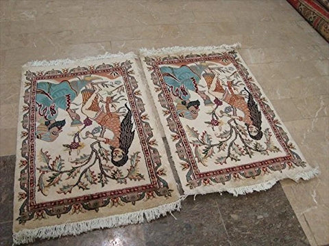 Awesome Umre Khayam Love Hand Knotted Oriental Rug Wool Silk Carpet Pair (3 x 2)'