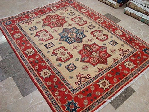 Kazak Super Geometric Veg Dyed Mahal Rectangle Rug Hand Knotted Carpet (6.6 x 5.0)'