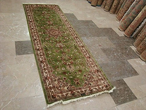 Exclusive Green Floral Kashan Soft Hand Knotted Hall Way Runner Rug (7.11 x 2.7)'