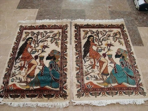 Awesome Umre Khayam Love Hand Knotted Oriental Rug Wool Silk Carpet Pair (3 x 2)'