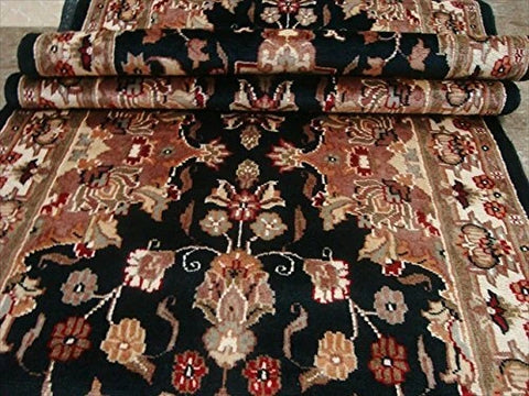 Exclusive Hot Black Floral Kashan Soft Hand Knotted Hall Way Runner Rug (10.1 x 2.7)'