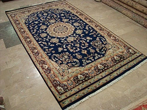 Exclusive Navy Blue & Olive Medallion Area Rug Hand Knotted Silk Wool Carpet (9 X 5)'