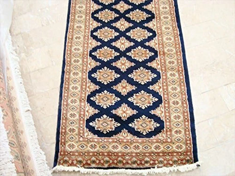 Exclusive Navy Blue Jaldar Hand Knotted Wool Silk Carpet Runner Rug (16.6 x 2.6)'